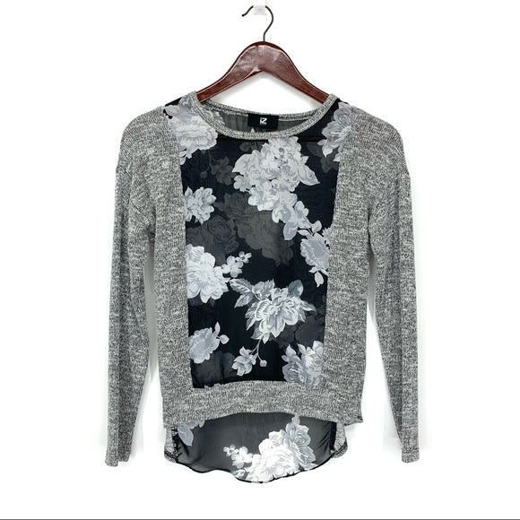 IZ Byer Static Gray Floral Print Sheer Panel High Low Thin Sweater Size XS - Picture 1 of 15